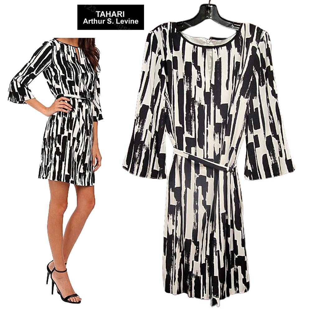 TAHARI ASL NWOT Bohemian JENNI Keyhole Paint-Splatter Motif Bell-Sleeve Dress 12